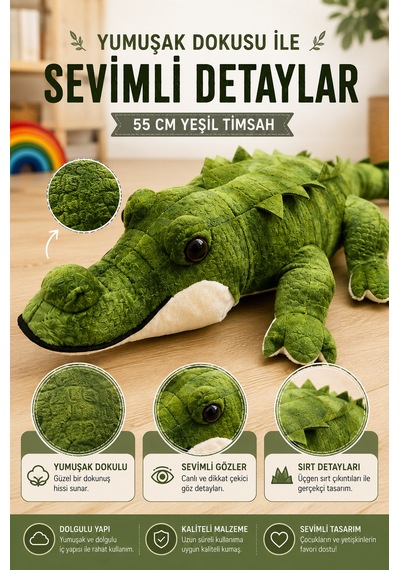 55 Cm Peluş Timsah Küçük Boy Yumuşak Oyuncak Uyku Arkadaşı Sevimli Peluş Timsah Yeşil