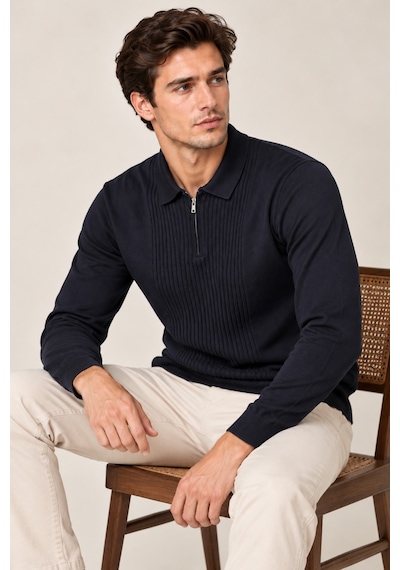 Erkek Polo Yaka Yarım Fermuarlı Önü Fitilli Slim Fit Akrilik Pamuk Triko Kazak Lacivert