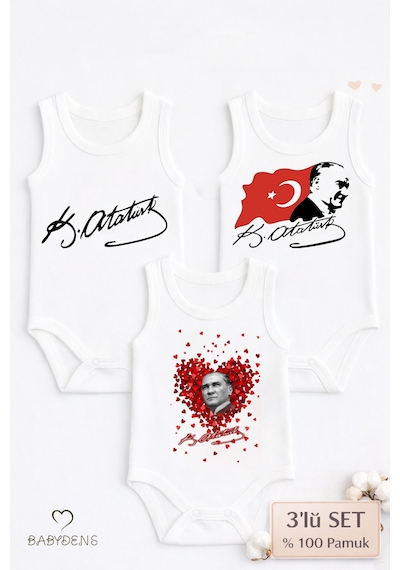 Babyden's 3 Lü Atatürk Temalı Bebek Body Seti %100 Pamuk Kolsuz Çıtçıtlı Zıbın Yenidoğan & Bebek Body Takımı Beyaz