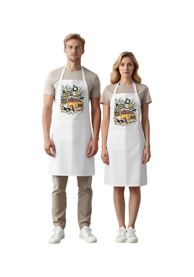 Unisex Mutfak Aşçı Önlüğü Yemek Aracı Sevimli Karakter Baskılı Ra Beyaz