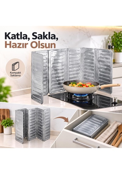 5 Panelli Katlanabilir Ocak Yağ Sıçrama Koruyucu 84 X 32,5 Cm, Mutfak Tezgah Koruyucu, Ocak Çevresi Koruma Paneli, Yağ Sıçrama Siperi, Ocak Sıçrama Koruyucu Altın - Siyah