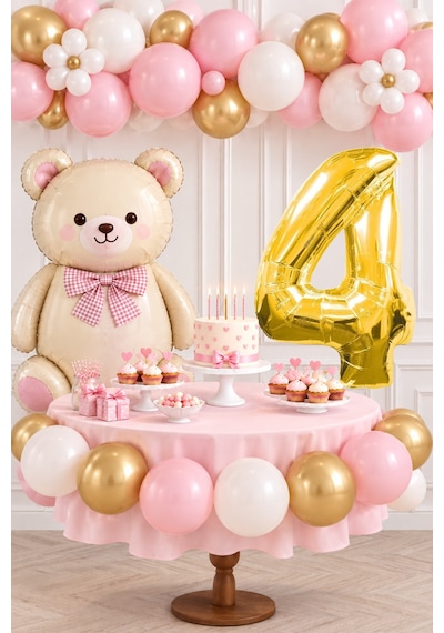 4 Yaş Retro Papyonlu Folyo Krem Ayıcık Pembe Gold Beyaz Balon Gold Rakam Doğum Günü Kutlaması Altın - Krem