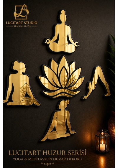 Huzur Serisi Premium Yoga & Lotus Aynalı Pleksi Duvar Dekoru 5 Parça Gold Zen Tasarım Altın