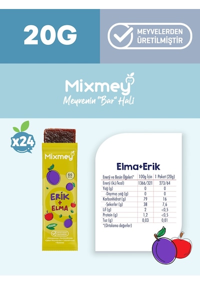 Mixmey Erik Meyve Barı 24 Adet | Atıştırmalıklar – Vegan, Glutensiz, Koruyucusuz (20GR X 24 ADET)