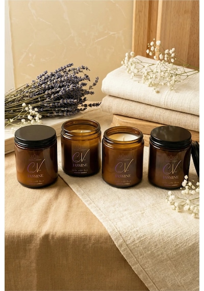 4 Lü Amber Cam Kavanoz Aromaterapi Mum Seti Yasemin Kokulu %100 Doğal Soya Wax Kapaklı 100 Cc Amber