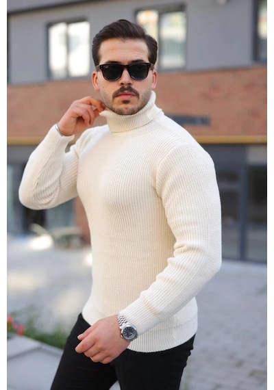 Defymoda Erkek Boğazlı Örme Kazak Açık Krem