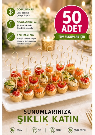 50 Li Pkt 9 Cm Dekoratif Yuvarlak Bambu Kürdan - Kokteyl Kürdanı Parti Sunum Kürdan Seti