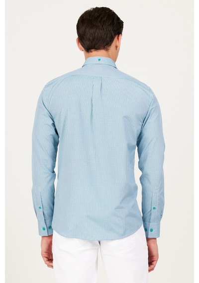 AC&Co / Altınyıldız Classics Erkek Lacı-yesıl Slim Fit Dar Kesim Düğmeli Yaka Logolu Cepli Pamuklu Çizgili Gömlek Lacivert - Yeşil
