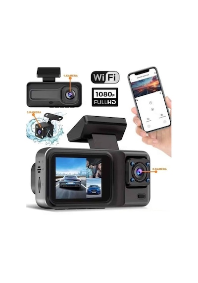 H98 Full Hd 1080p Wi-fi Full Hd 3 Kameralı Araç Içi Kamera Araba Güvenlik Kamerası Gece Görüşü Ön Geri İç Kayıt Ir Led