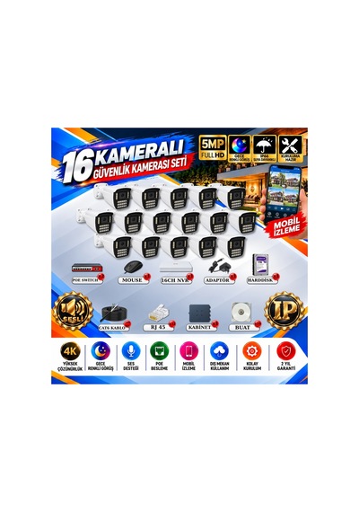 16 Kameralı 4k Sesli İp Güvenlik Kamerası Seti 5mp Gece Renkli Görüş 21 Warm Led Poe 421wsp