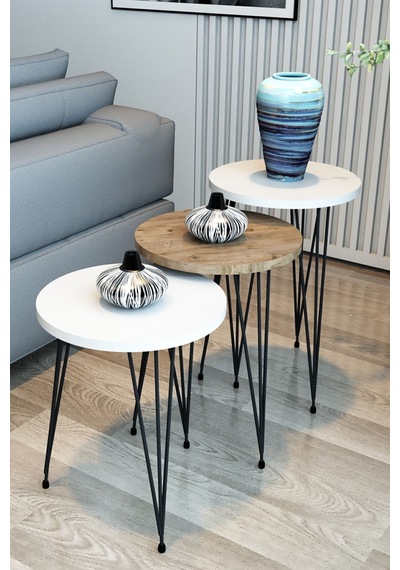 3'lü Zigon Sehpa Yuvarlak Model Zigon Sehpa Metal Tel Ayak 2beyaz1ceviz