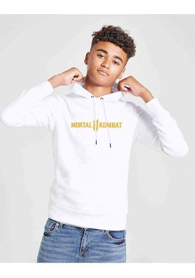 Tshirthane Mortal Kombat 11 Logo Baskılı Unisex Çocuk Kapüşonlu Beyaz Sweat Beyaz
