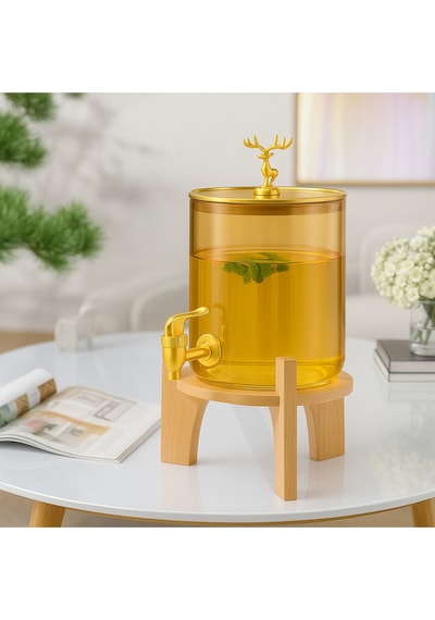 Alfafe Home Gold Cam Şerbetlik Meşrubatlık Musluklu Ve Ahşap Standlı 3.6 Litre Gold