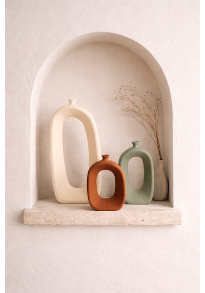 Modern Beton Dekoratif Vazo Seti 3 Lü Bohem & Minimal Tasarım 35 Cm 21 Cm 18 Cm Beyaz-adaçayı-tarçın