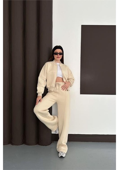 Neşeli Butik Kadın Bej Fermuarlı 3 İplik Eşofman Takımı Nbesf01 Bej