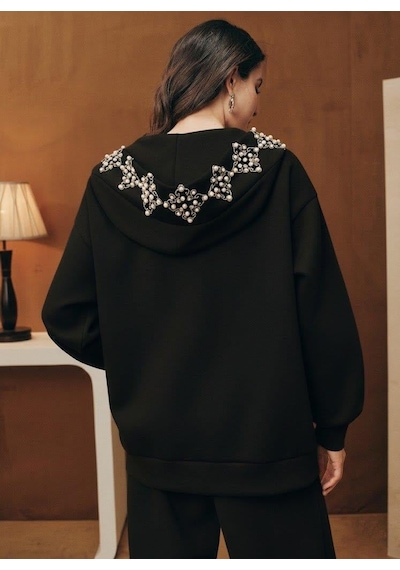 Afri Lüks İnci Detaylı Taş Dizimli Kapüşonlu Siyah Eşofman Takımı Fermuarlı Sweatshirt & Pantolon Takım Siyah