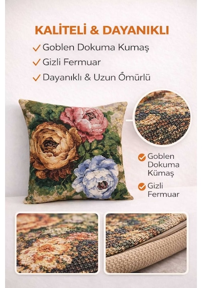 Goblen Üç Çiçek Desen Kırlent Kılıf Renkli