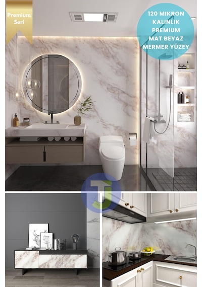 Technojet Kendinden Yapışkanlı Mermer Desen Folyo Mutfak Banyo Tezgah Duvar Kaplama 60cmx100cm Beyaz2