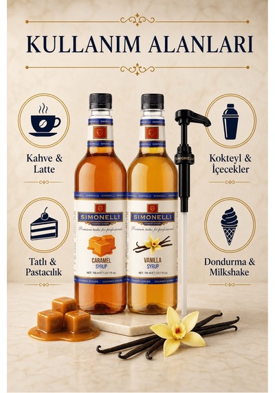 Simonelli Karamel & Vanilya Aromalı Gurme Kahve ve Kokteyl Şurubu Seti 2 x 700 ML + Pompa
