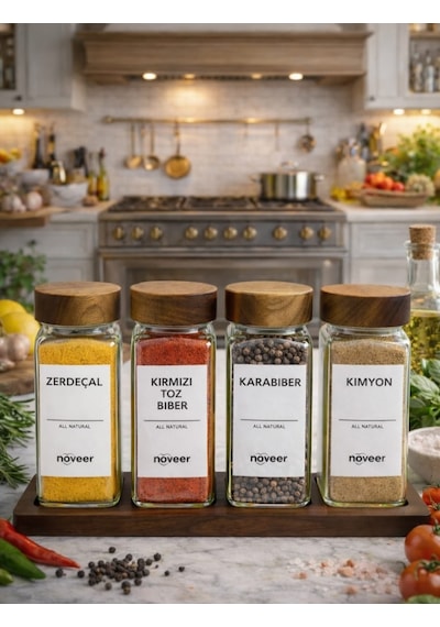Bambu Kapaklı Standlı 4'lü Cam Baharatlık Seti 120 Ml Kare Tasarımlı Ahşap - Şeffaf