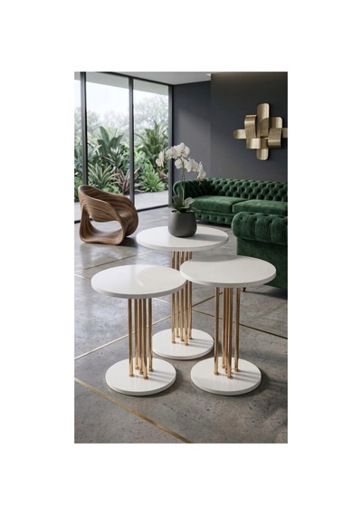 3'lü Yuvarlak Modern Sehpa Altay Gold - Beyaz Çok Renkli