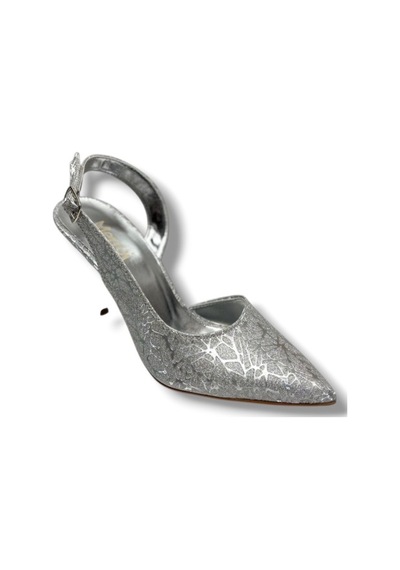 Mengi 685-26 Parlak Simli Saten İnce Topuk Arkası Açık Kadın Stiletto 9cm GÜMÜŞ