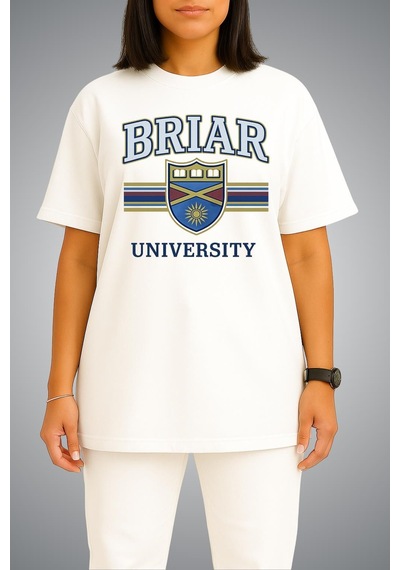 Bahriyeli Collection Oversize Off Campus Briar University Göğüs Baskılı Beyaz Unisex T-shirt