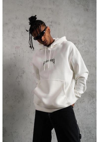 Erkek Baskılı Kapüşonlu Ve Kanguru Cepli Sweatshirt Hoodie - Beyaz Çok Renkli