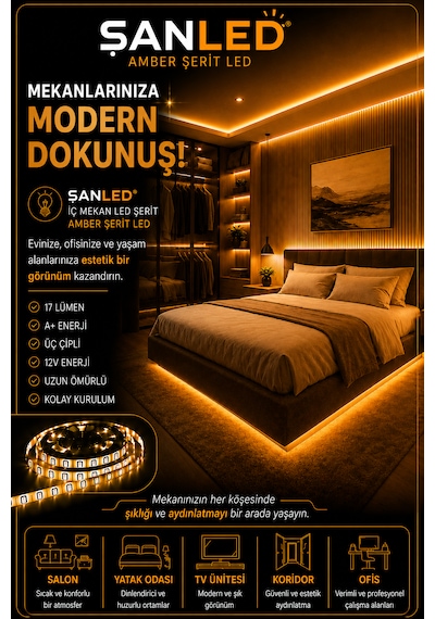 3 Çipli Şerit Led Amber Rengi 12v 5 Metre