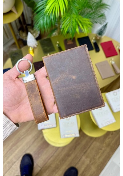 Premium Deri Ruhsat Kılıfı Ve Anahtarlık Seti Eskitme Taba