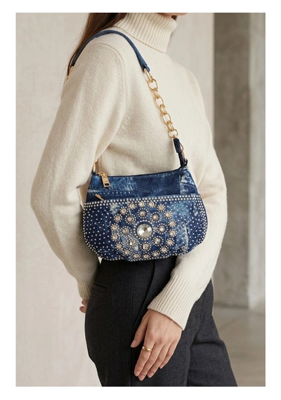 Guja C1090 Kadın Taşlı Denim Küçük Omuz Ve Çapraz Çanta Kot Lacivert