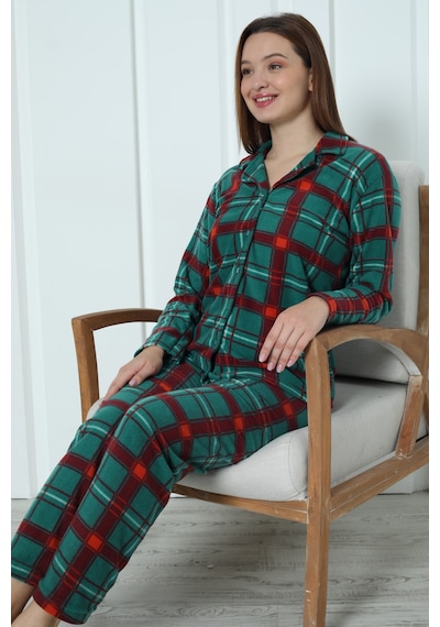 Wordex Fawn 3957 Boydan Düğmeli Polar Kışlık Kadın Pijama Takımı Yeşil