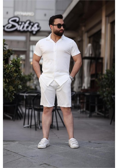 Mfz Giyim Beyaz Renk Ottoman Kumaş Slim Fit Erkek Şort - Gömlek Alt Üst Takım