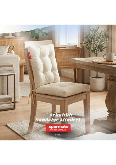 Pofuduk Arkalıklı Sandalye Minderi Bağcıklı Yıkanabilir Dekoratif Minder Bej