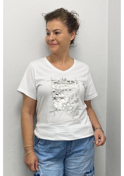 Kadın Beyaz Gümüş Baskılı Tshirt Beyaz