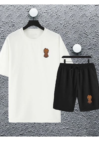Adrift Unisex Marvel Groot Baskılı Oversize Tshirt Ve Şort Eşofman Takımı Beyaz
