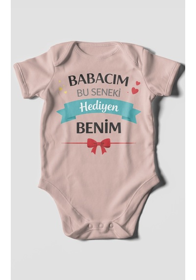 Morivokids Babacım Bu Seneki Hediyen Benim Kısa Kollu Bebek Body %100 Pamuk Pastel Pembe