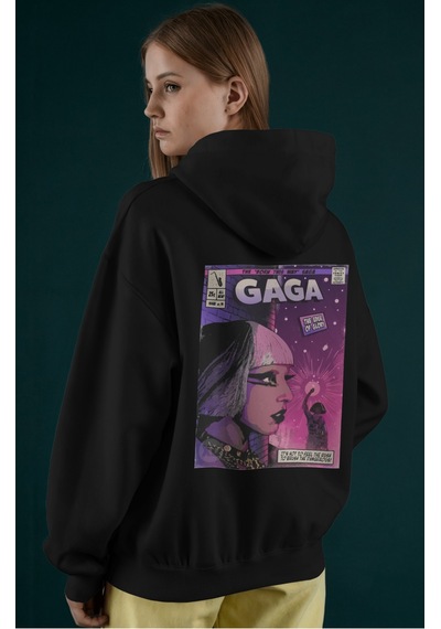 Sevbano Tasarım Lady Gaga Şarkıcı Sırt Baskılı Unisex Oversize Penye Hood Siyah