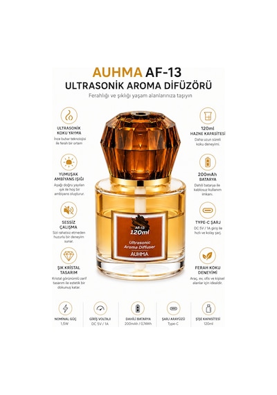 Auhma Af-13 120ml Şarjlı Ultrasonik Araç Koku Difüzörü Sarı Ambiyans Işıklı Forest Esans Aroma Yayıcı