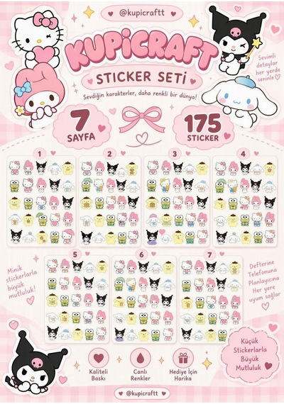 Sanrio Karakterleri -hello Kitty - Kuromi-cinnamonroll -keroppi -pompompurin 7 Sayfa Sticker Set 0