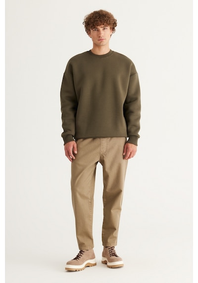 AC&Co / Altınyıldız Classics Erkek Hakı Oversize Fit Bol Kesim Pamuklu İçi Polarlı Bisiklet Yaka Sweatshirt Haki