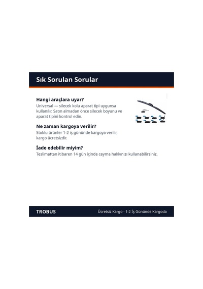 Trobus Universal Ön Cam Silecek Süpürgesi Hibrit Tip 8 Aparatlı 480 Mm