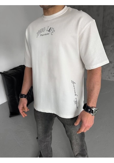 Erkek Kısa Kol Tişört Bisiklet Yaka Filistin Poşulu Baskılı T-shirt - Beyaz