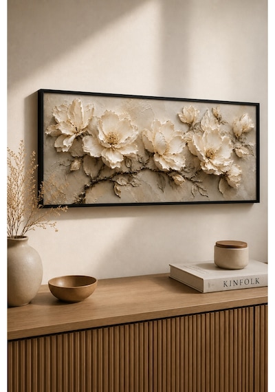 3d Dokulu Kabartma Görünümlü Beyaz Çiçekli Ahşap Tablo 25x60 Cm Siyah Çerçeveli Uv Baskı Dekoratif Sanat