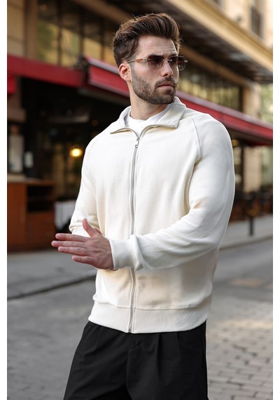 Madmext Bej Fermuarlı Dik Yaka Basic Erkek Hırka E7199