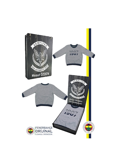 Fenerium Fenerbahçe Lisanslı Uzun Kol Lacivert Bebek 1907 Sweat Kişiye Özel Hediyelik Ahşap Kutulu Gri