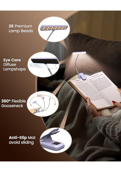 Glocusent 26 Led Okuma Lambası, Kitap Işığı, 5 Renk Ve 5 Parlaklık Modu, Göz Koruması, Kademesiz Karartma, Geniş Lamba Alanı, Uzun Ömürlü, 90 Saat, 360 Esnek, Kitap Severler İçin Mükemmel, Mor