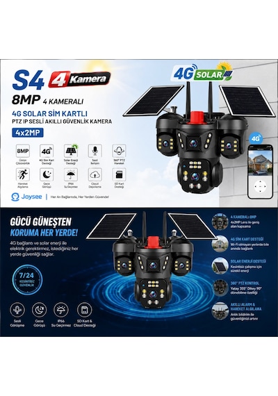 Joysee S4 12mp 4 Kameralı 4g Solar Sim Kartlı Ptz Ip Sesli Akıllı Güvenlik Kamera + 12gb Sım Kart He