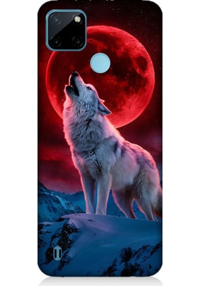 Realme C21y Uyumlu Kırmızı Ay Kurt Desenli Silikon Kılıf
