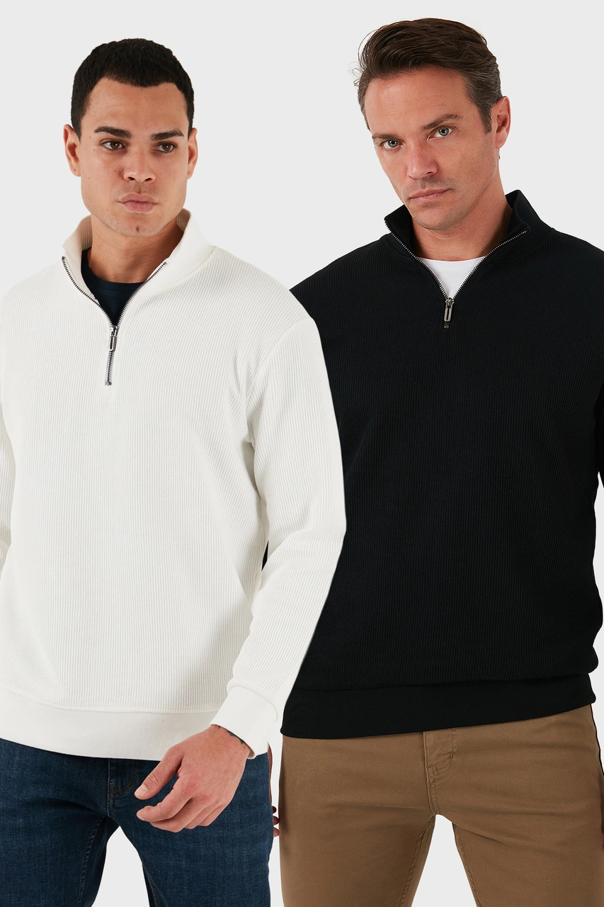 Buratti Pamuklu Regular Fit Yarım Fermuarlı Dik Yaka 2'Li Paket Erkek Sweat 5905716S2 Ekru-Siyah